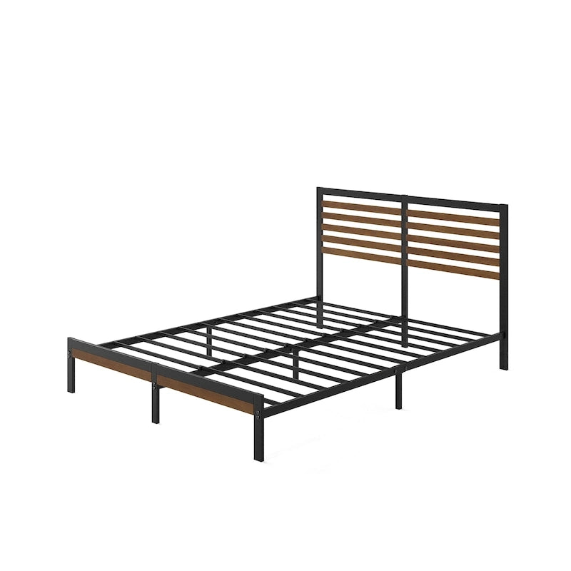 Bamboo & Steel Platform Bed Frame with Slatted Headboard — Brown