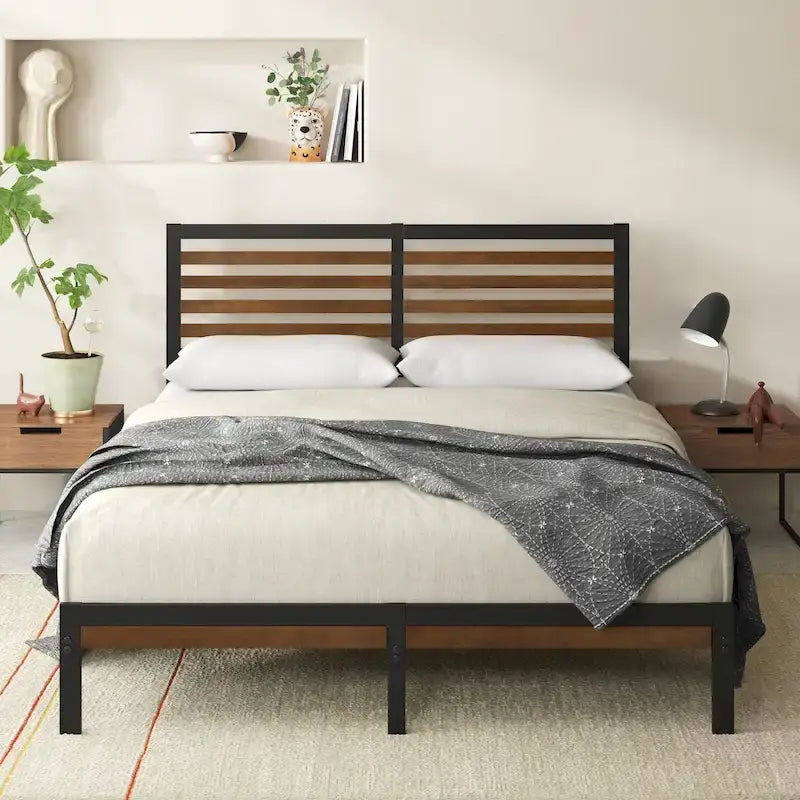 Bamboo & Steel Platform Bed Frame with Slatted Headboard — Brown