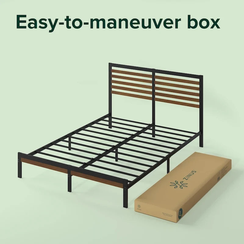 Bamboo & Steel Platform Bed Frame with Slatted Headboard — Brown