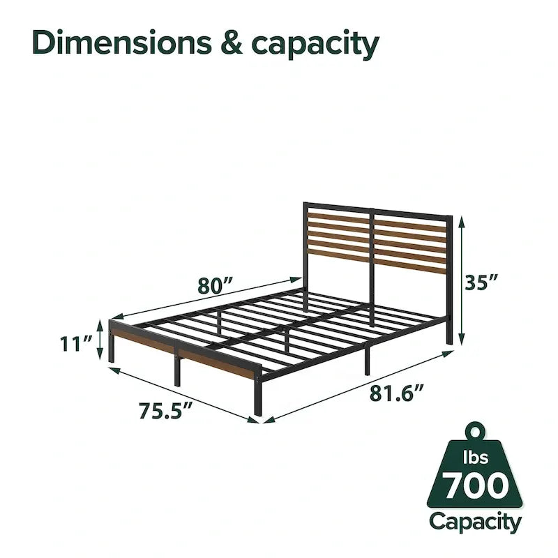 Bamboo & Steel Platform Bed Frame with Slatted Headboard — Brown