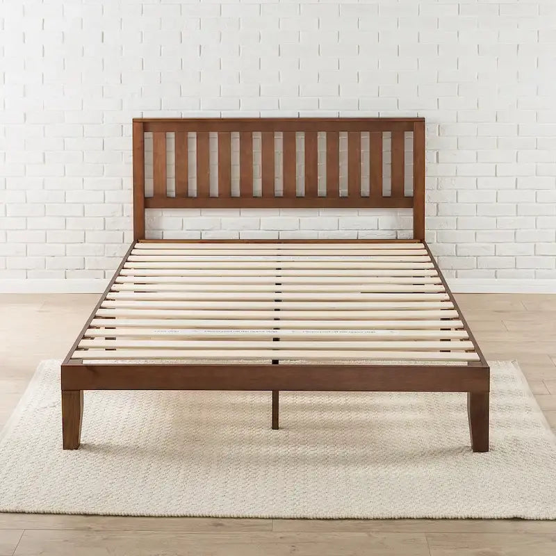 Solid Pine Wood Platform Bed with Slatted Headboard