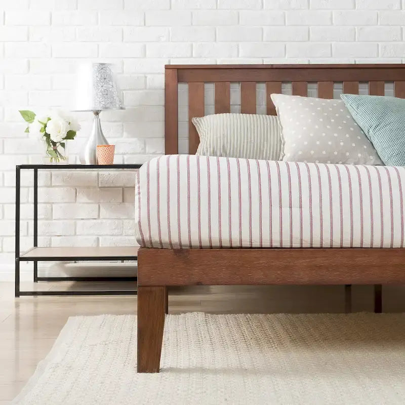 Solid Pine Wood Platform Bed with Slatted Headboard