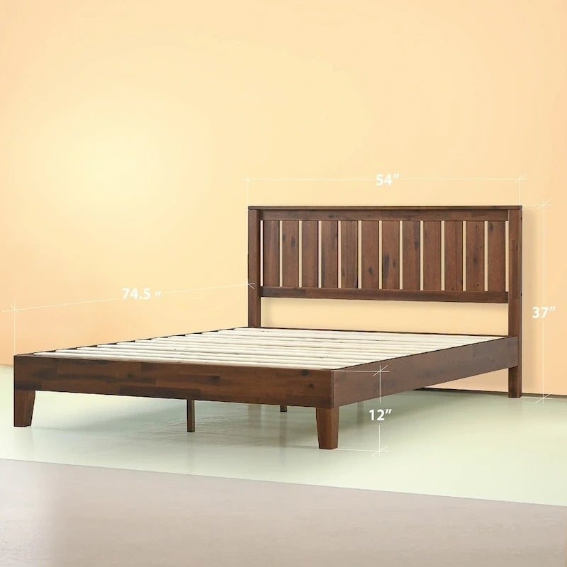 Solid Pine Wood Platform Bed with Slatted Headboard
