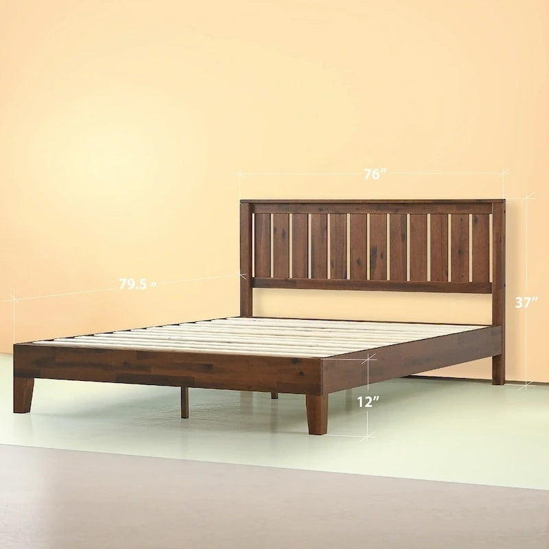 Solid Pine Wood Platform Bed with Slatted Headboard