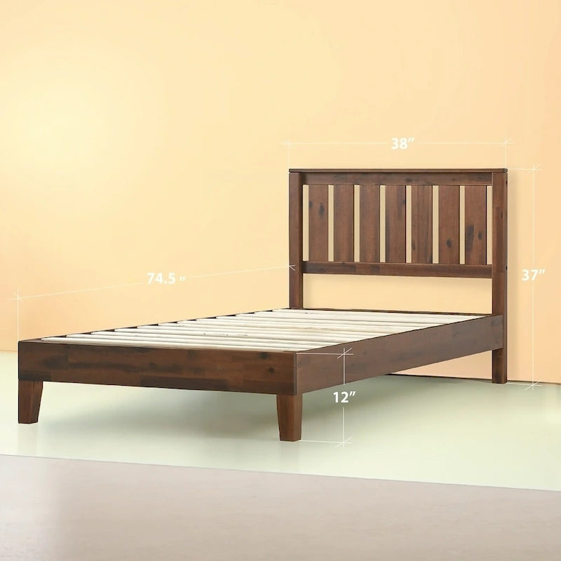 Solid Pine Wood Platform Bed with Slatted Headboard