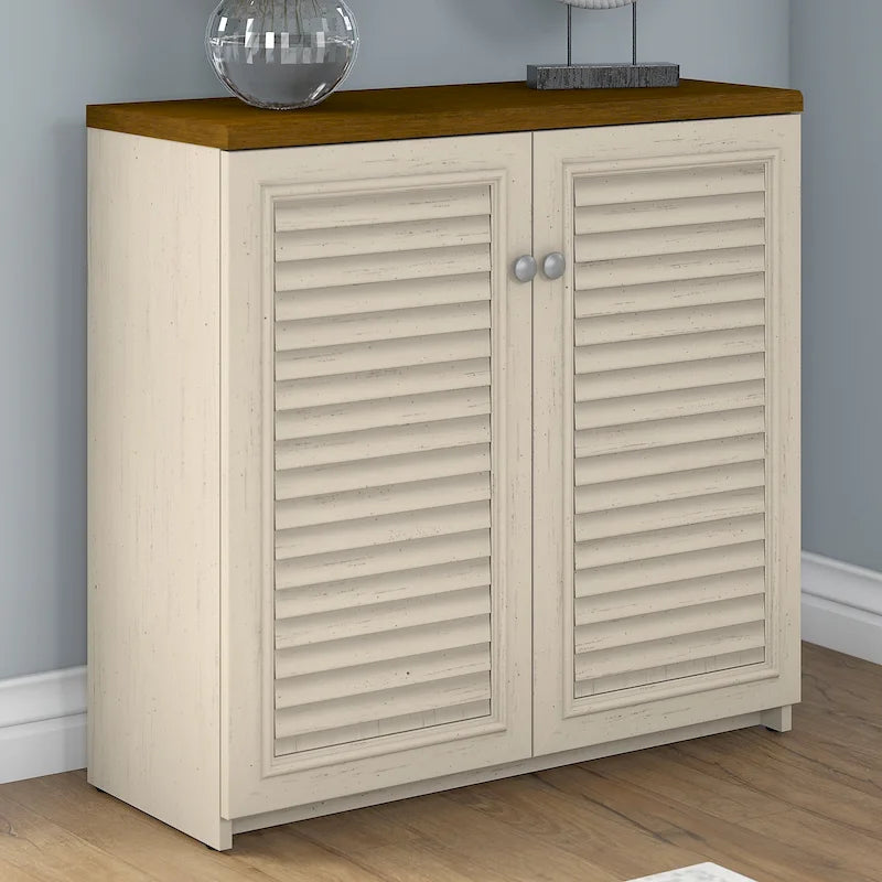 Farmhouse Small Storage Cabinet with Louvered Doors & 3 Shelves