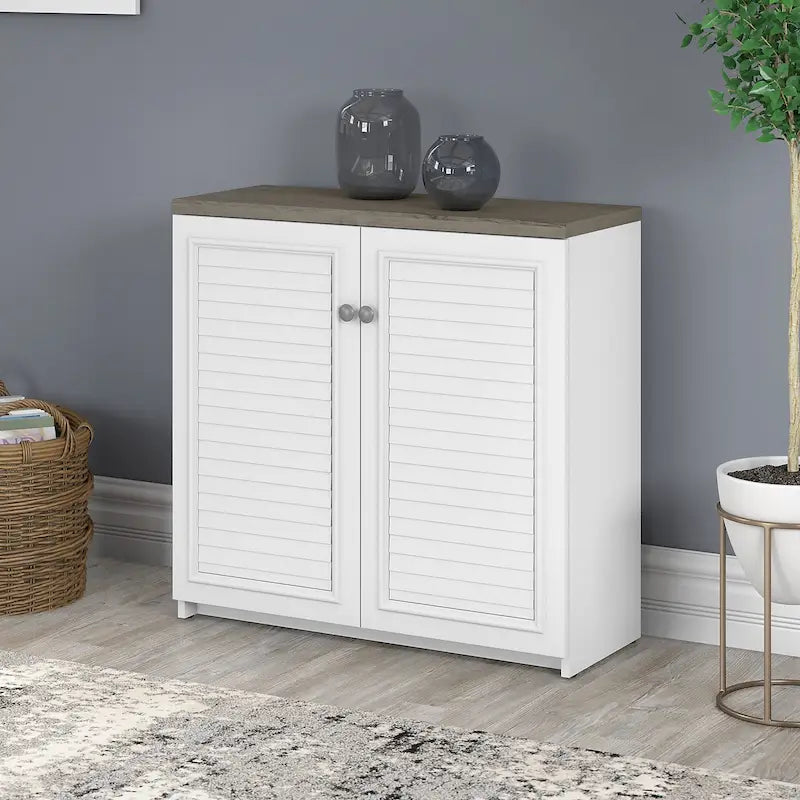 Farmhouse Small Storage Cabinet with Louvered Doors & 3 Shelves