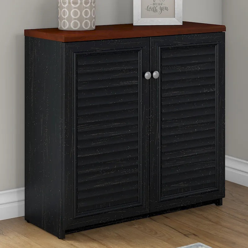 Farmhouse Small Storage Cabinet with Louvered Doors & 3 Shelves