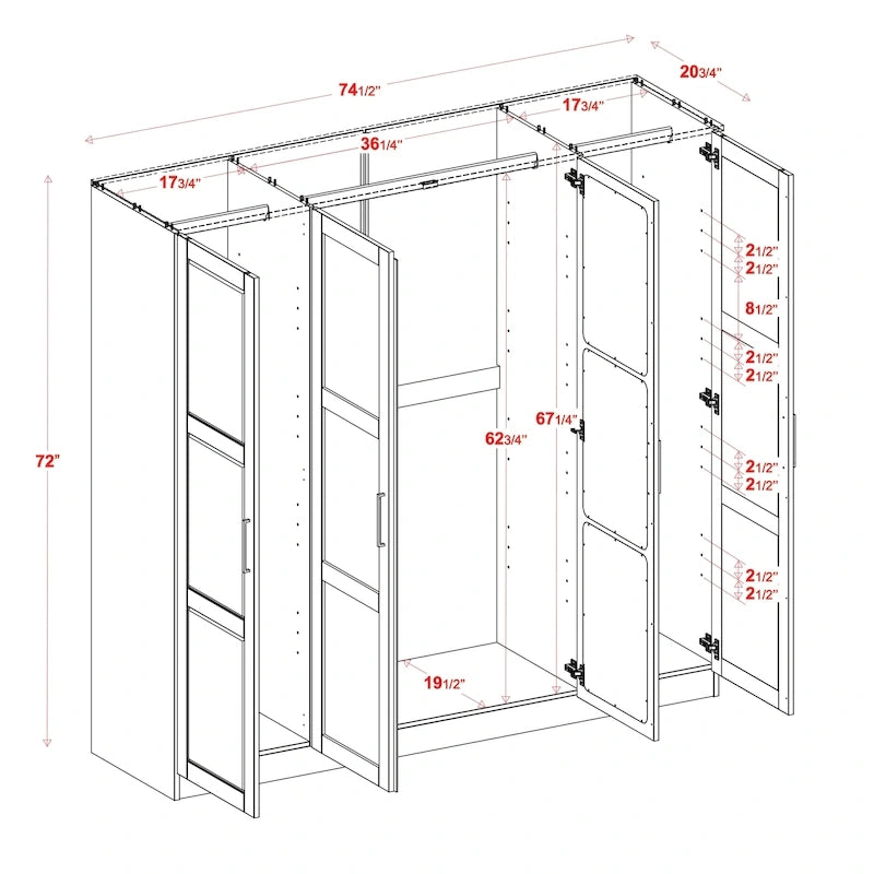 4-Door Solid Pine Wood Wardrobe Armoire with Optional Mirror Doors — Made in Brazil