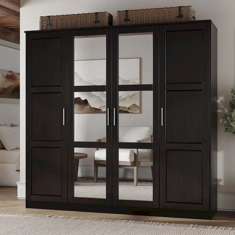 4-Door Solid Pine Wood Wardrobe Armoire with Optional Mirror Doors — Made in Brazil