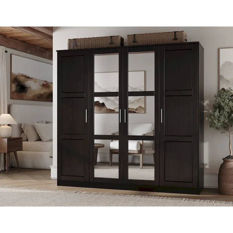 4-Door Solid Pine Wood Wardrobe Armoire with Optional Mirror Doors — Made in Brazil