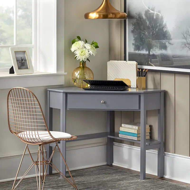 Vintage-Style Corner Desk with Drawer & Open Shelf