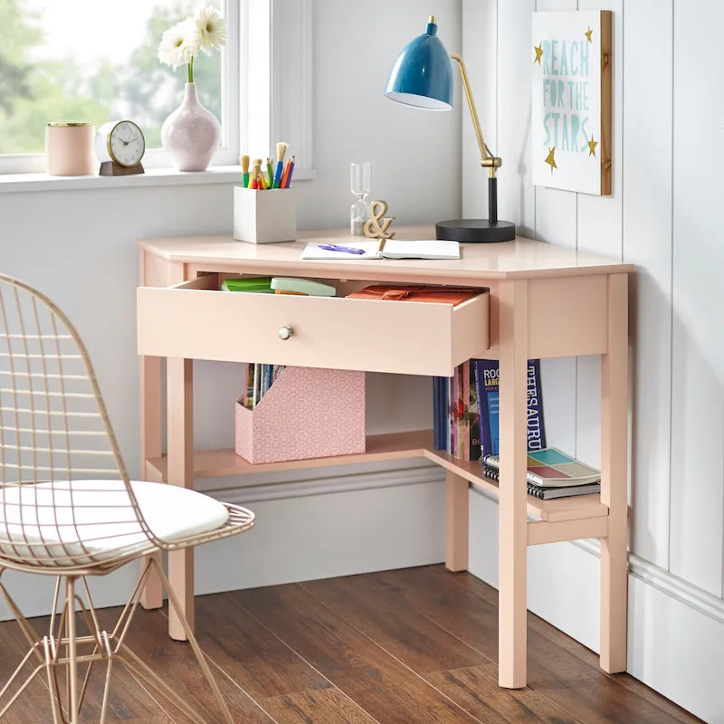Vintage-Style Corner Desk with Drawer & Open Shelf