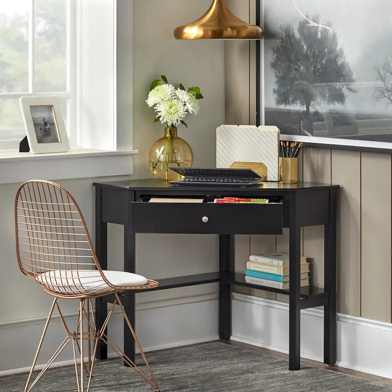 Vintage-Style Corner Desk with Drawer & Open Shelf