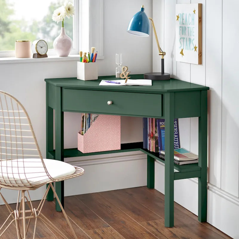 Vintage-Style Corner Desk with Drawer & Open Shelf