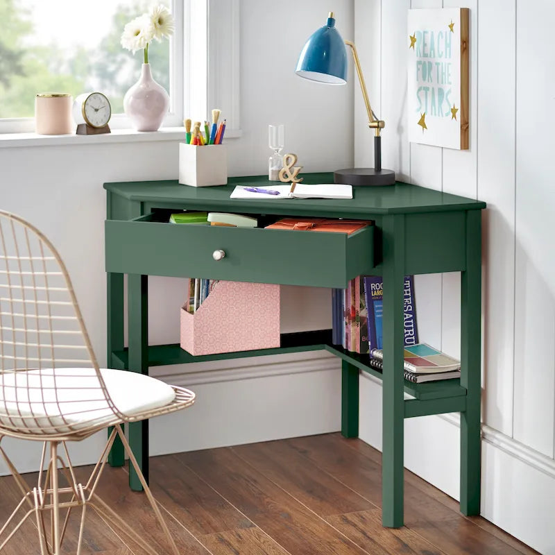Vintage-Style Corner Desk with Drawer & Open Shelf