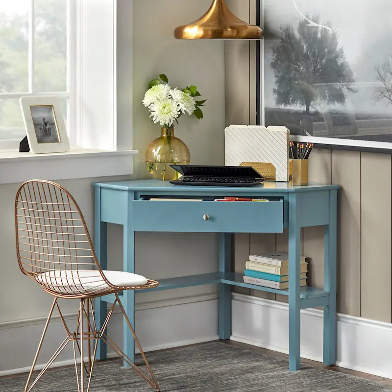 Vintage-Style Corner Desk with Drawer & Open Shelf