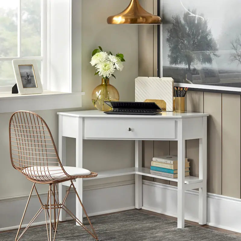 Vintage-Style Corner Desk with Drawer & Open Shelf