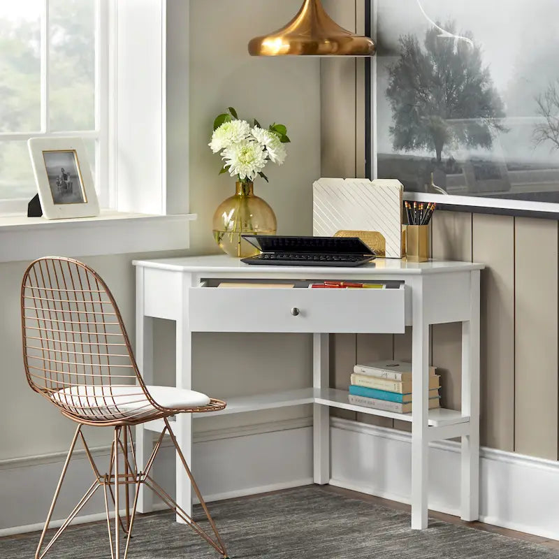 Vintage-Style Corner Desk with Drawer & Open Shelf