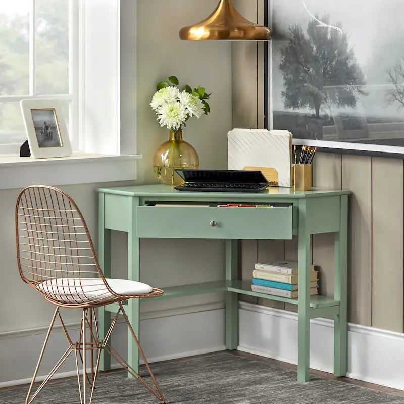 Vintage-Style Corner Desk with Drawer & Open Shelf