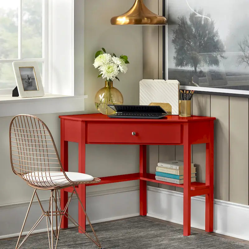 Vintage-Style Corner Desk with Drawer & Open Shelf