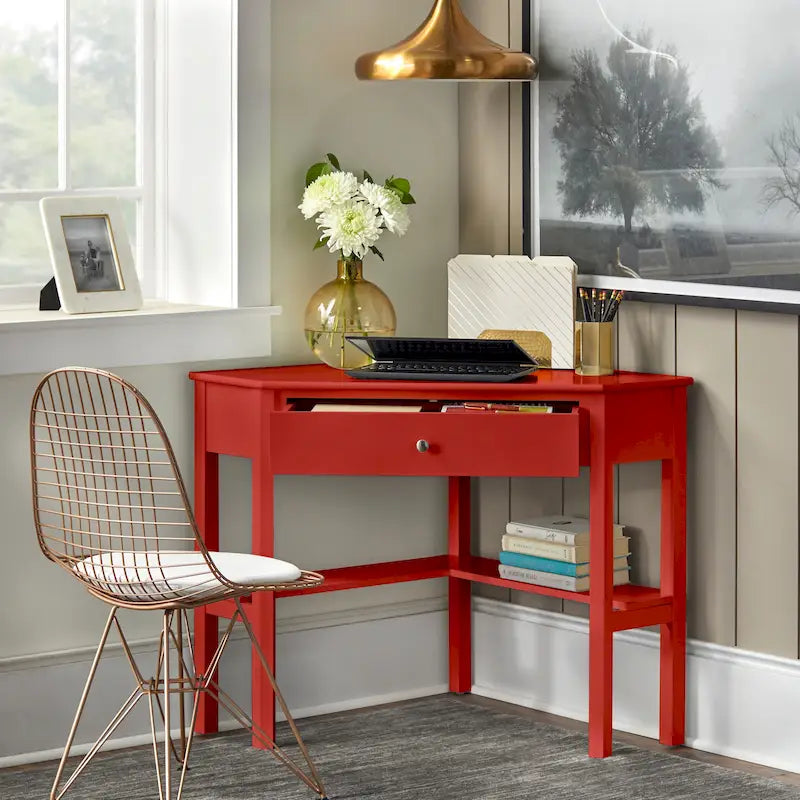 Vintage-Style Corner Desk with Drawer & Open Shelf