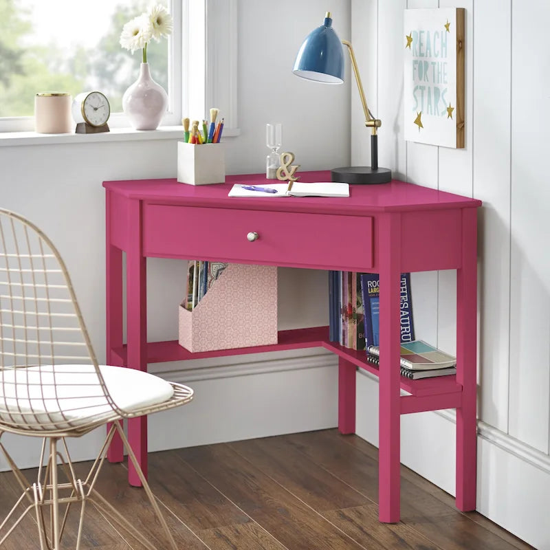 Vintage-Style Corner Desk with Drawer & Open Shelf