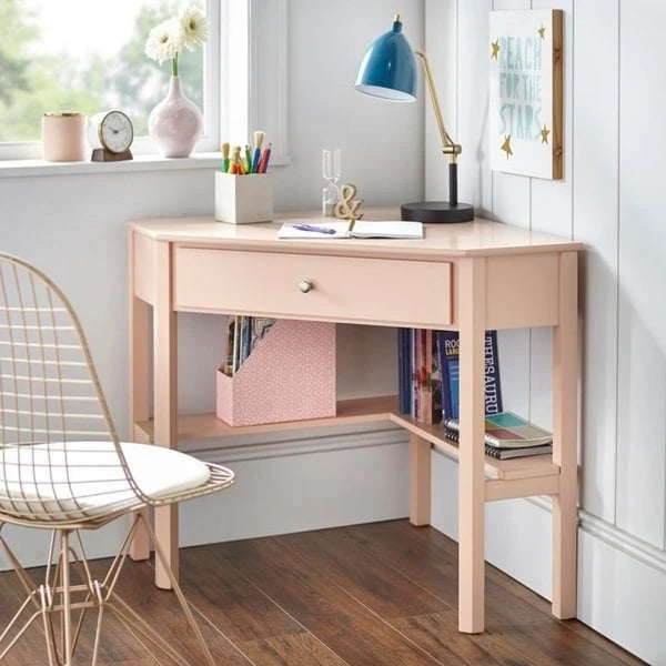 Vintage-Style Corner Desk with Drawer & Open Shelf