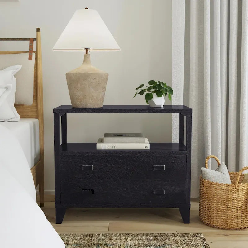 Handcrafted Wood 2-Drawer Nightstand with Open Shelf — Mid-Century Modern