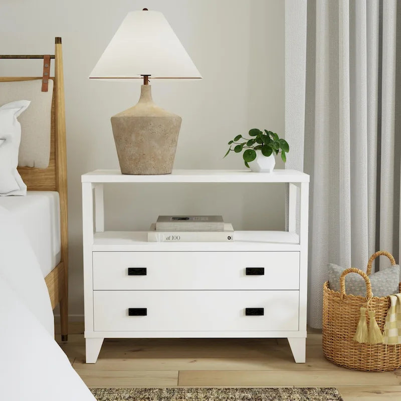 Handcrafted Wood 2-Drawer Nightstand with Open Shelf — Mid-Century Modern