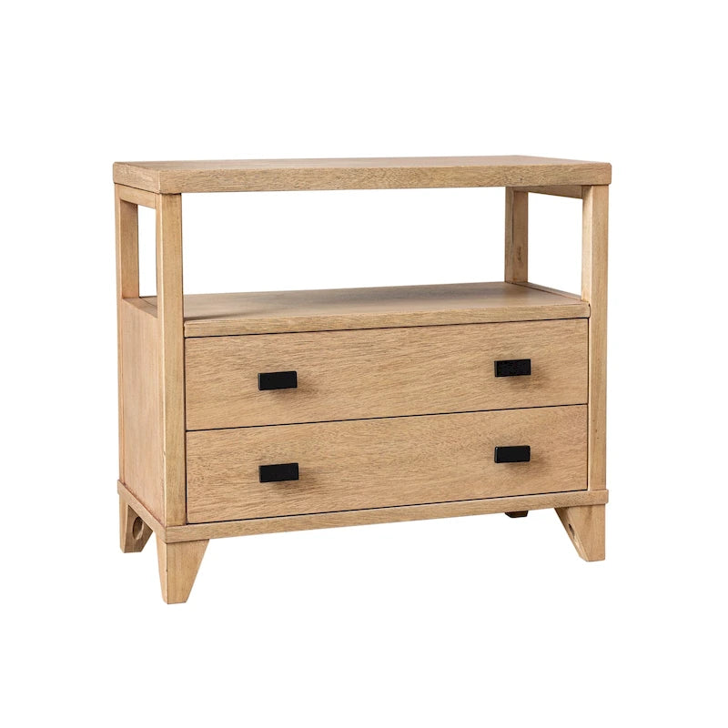 Handcrafted Wood 2-Drawer Nightstand with Open Shelf — Mid-Century Modern