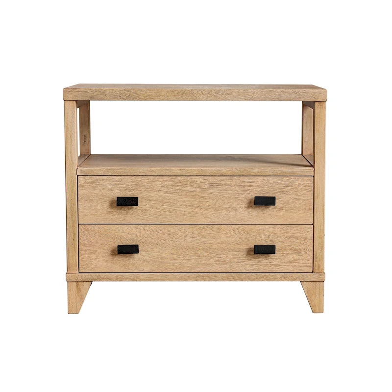 Handcrafted Wood 2-Drawer Nightstand with Open Shelf — Mid-Century Modern