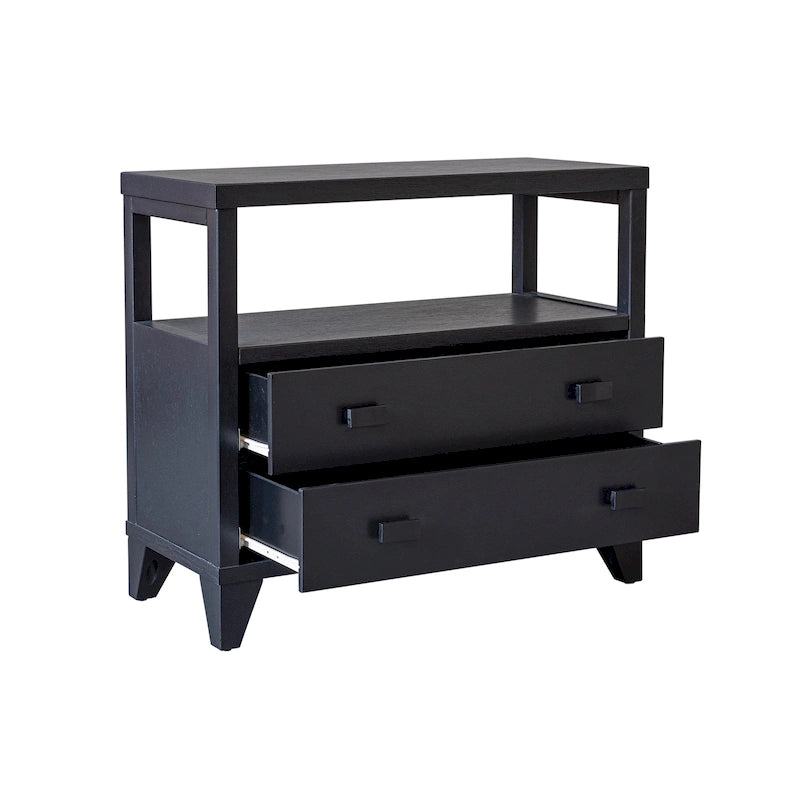 Handcrafted Wood 2-Drawer Nightstand with Open Shelf — Mid-Century Modern