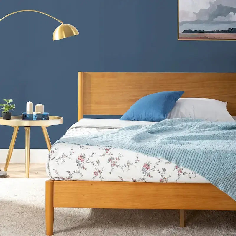 Mid-Century Solid Wood Platform Bed Frame with Headboard & Rounded Legs