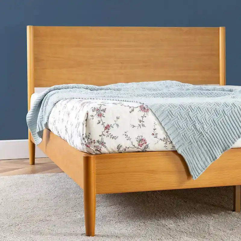 Mid-Century Solid Wood Platform Bed Frame with Headboard & Rounded Legs