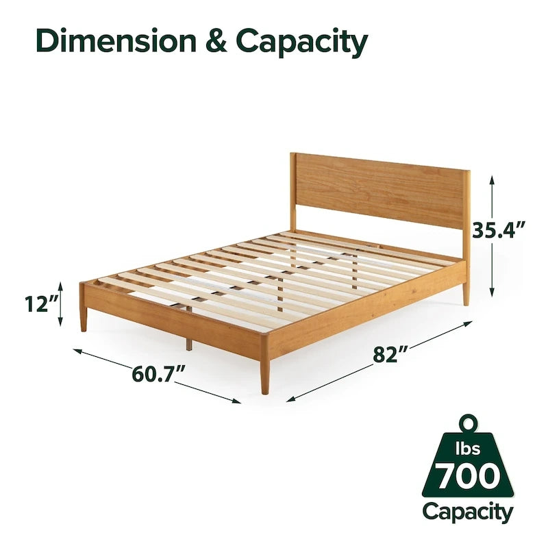 Mid-Century Solid Wood Platform Bed Frame with Headboard & Rounded Legs