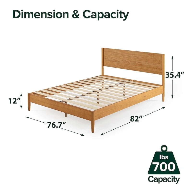 Mid-Century Solid Wood Platform Bed Frame with Headboard & Rounded Legs