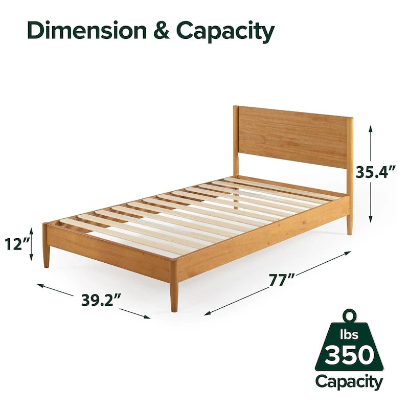 Mid-Century Solid Wood Platform Bed Frame with Headboard & Rounded Legs