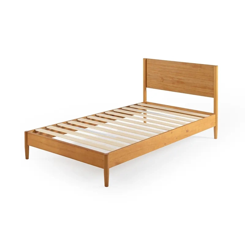 Mid-Century Solid Wood Platform Bed Frame with Headboard & Rounded Legs