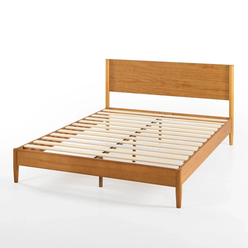 Mid-Century Solid Wood Platform Bed Frame with Headboard & Rounded Legs