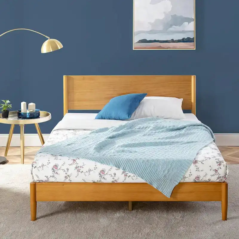Mid-Century Solid Wood Platform Bed Frame with Headboard & Rounded Legs
