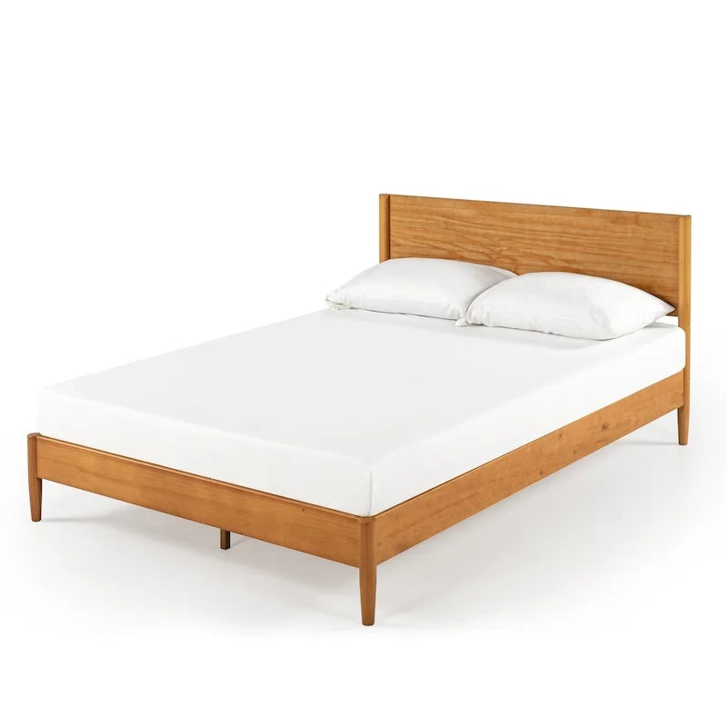 Mid-Century Solid Wood Platform Bed Frame with Headboard & Rounded Legs