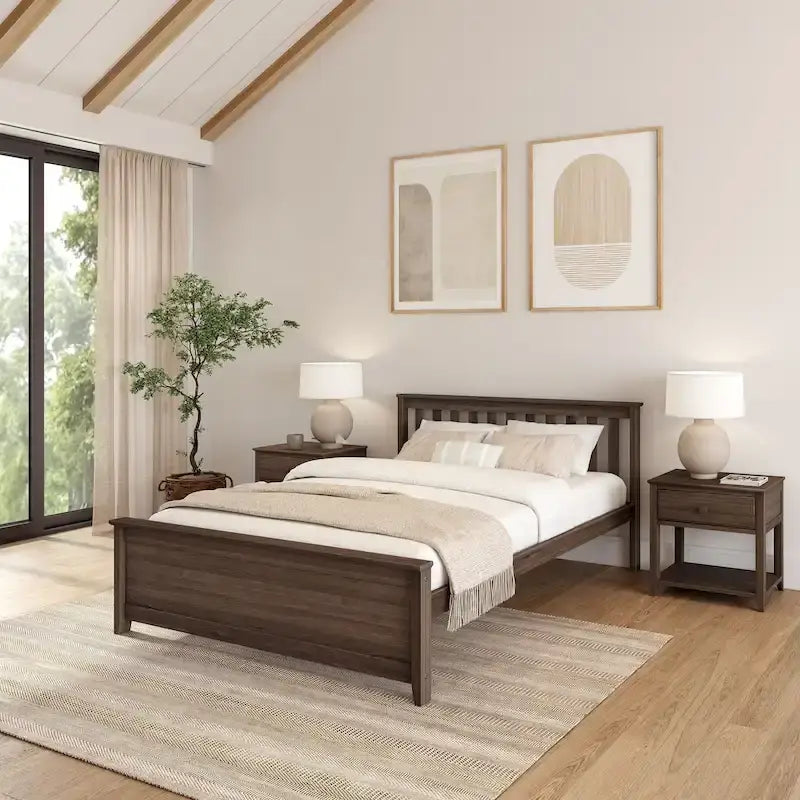 Classic Solid Pine Wood Queen Platform Bed with Headboard