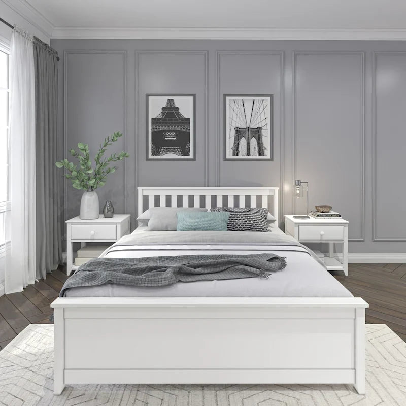 Classic Solid Pine Wood Queen Platform Bed with Headboard
