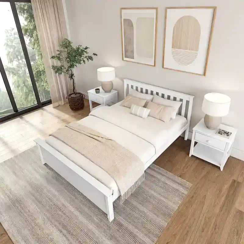 Classic Solid Pine Wood Queen Platform Bed with Headboard