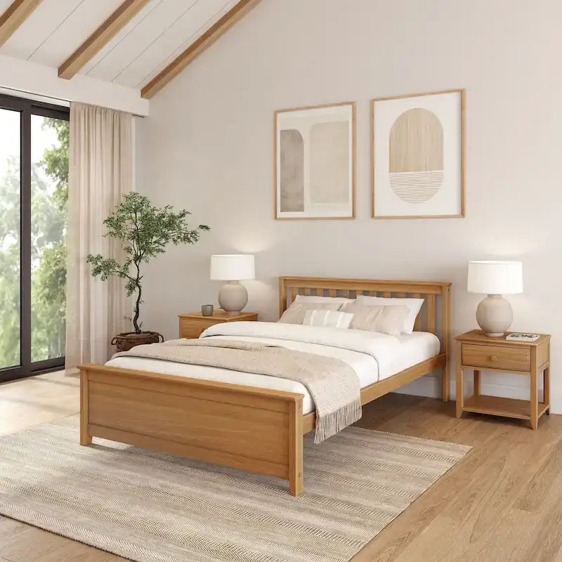 Classic Solid Pine Wood Queen Platform Bed with Headboard