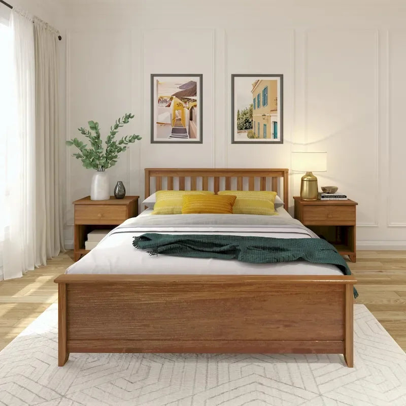 Classic Solid Pine Wood Queen Platform Bed with Headboard