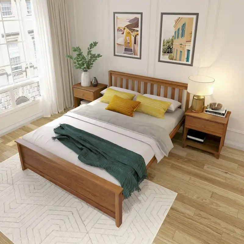Classic Solid Pine Wood Queen Platform Bed with Headboard