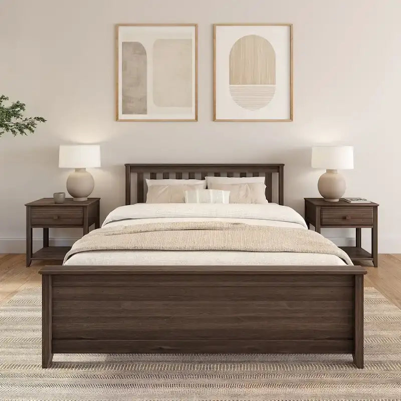 Classic Solid Pine Wood Queen Platform Bed with Headboard