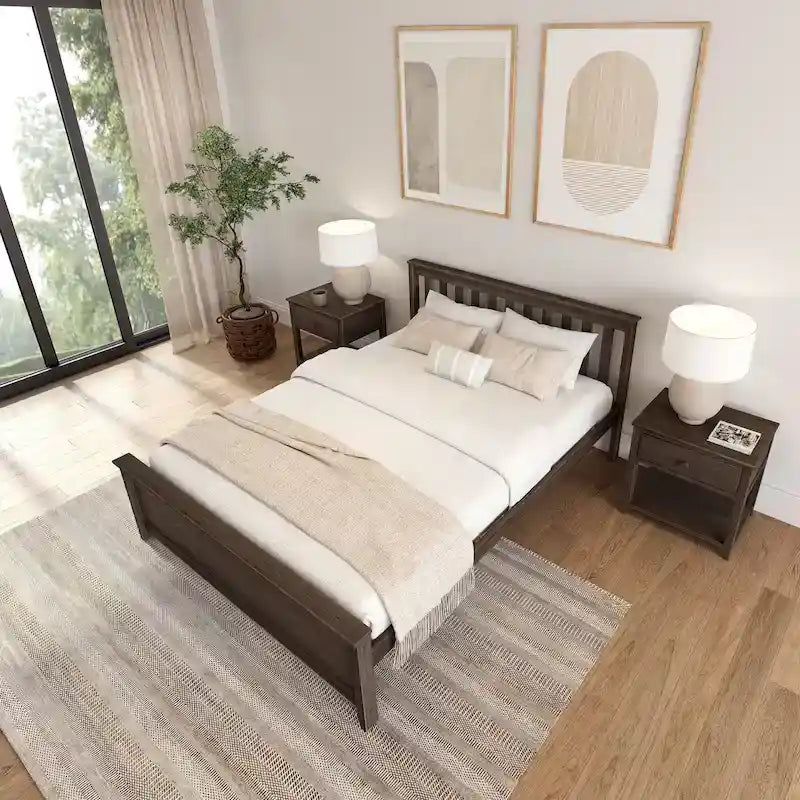 Classic Solid Pine Wood Queen Platform Bed with Headboard